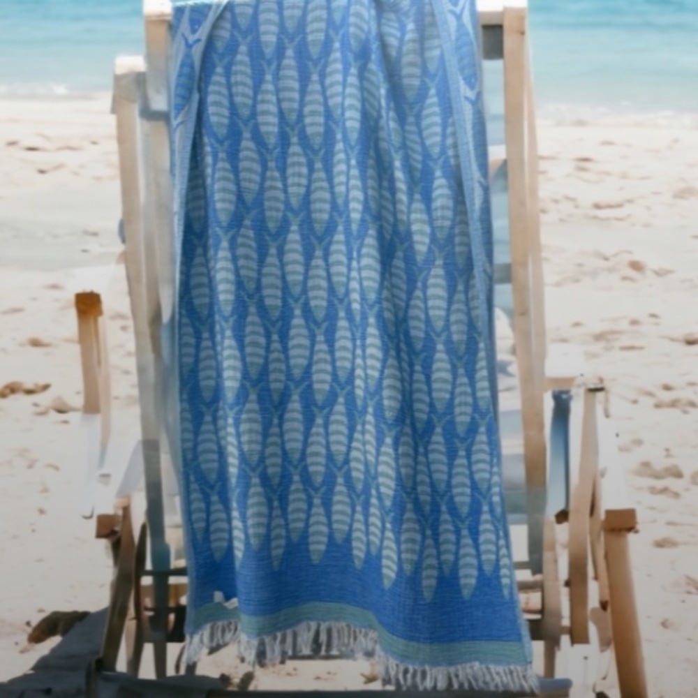 School of Fish Towel Soft Muslin Layered Weave Organic Cotton XL Sea Green Blue